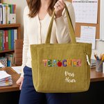 Personalized Cartoon Apple Teacher Name Large Capacity Corduroy Tote Bag with Zipper Daily Use Work Essential Birthday Teacher's Day Gift for Teacher