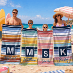 Personalised Retro Stripes Quick Dry Oversized Beach Towel with Initial Name and Drawstring Bag Beach Party Birthday Gift for Female Girl