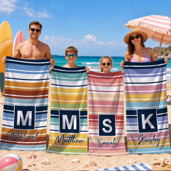 Personalised Retro Stripes Quick Dry Oversized Beach Towel with Initial Name and Drawstring Bag Beach Party Birthday Gift for Female Girl