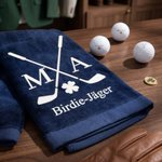 Personalisiertes besticktes Golfhandtuch mit Initialen & Text | Glücksklee & Golfschläger | 100% Baumwolle | Golfzubehör | Turnier Geschenk für Golfer