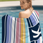 Personalised Retro Stripes Quick Dry Oversized Beach Towel with Initial Name and Drawstring Bag Beach Party Birthday Gift for Female Girl