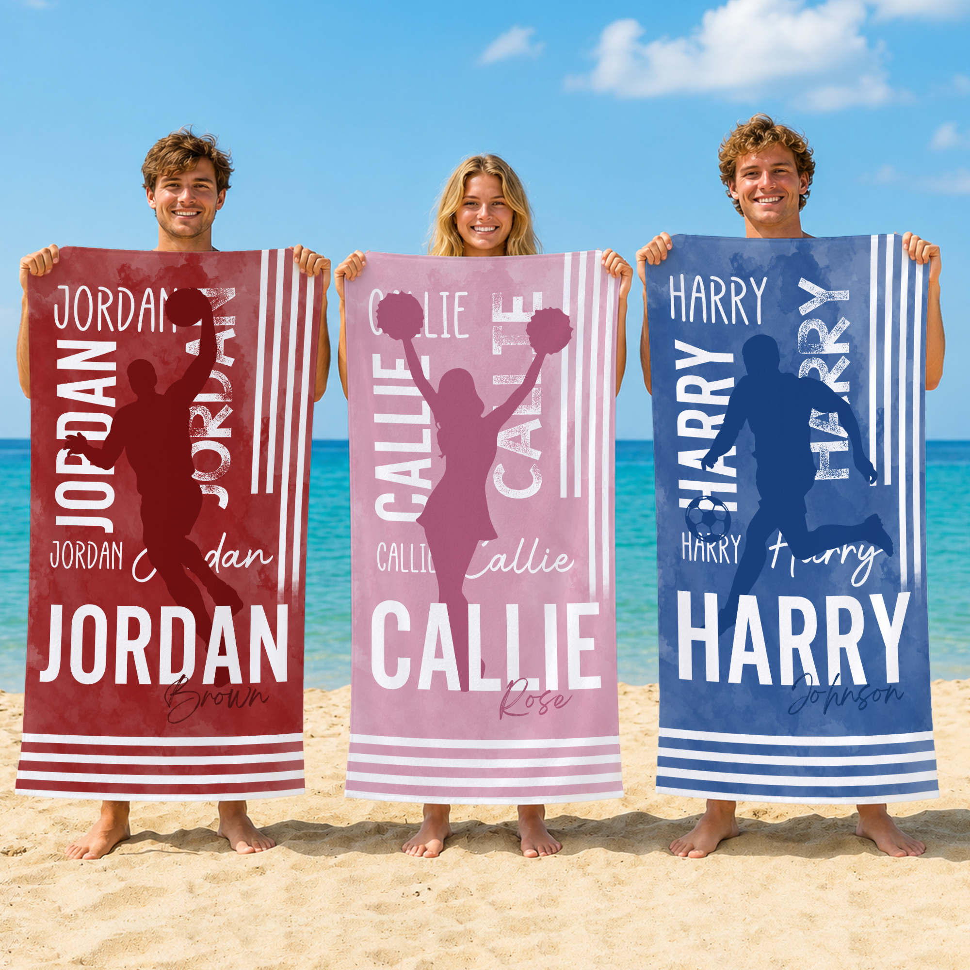 Individuell gestaltetes Strandtuch aus Mikrofaser mit Sportfigur-Silhouette, schnell trocknend, übergroß, mit Namen – Reiseutensilien, Strandparty, Geschenk für Sportbegeisterte