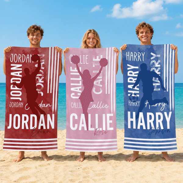 Personalized Sports Figure Silhouette Quick Dry Oversized Microfiber Beach Towel with Name Travel Essentials Beach Party  Gift for Sports Lovers
