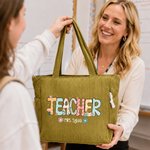 Personalised Flower Teacher Text Large Capacity Corduroy Tote Bag with Zipper Daily Use Work Essential Birthday Teacher's Day Gift for Teacher