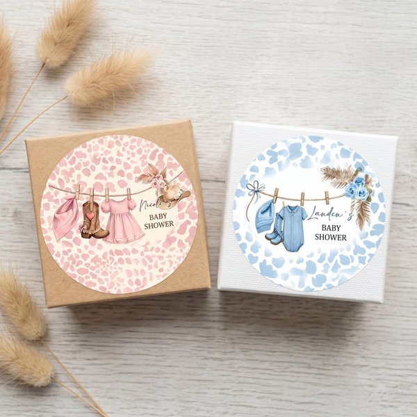 Spersonalizowana, samoprzylepna naklejka w różowo-niebieską panterkę z imieniem – prezent na przyjęcie z okazji baby shower i ujawnienia płci dziecka dla nowo narodzonego dziecka i świeżo upieczonych 