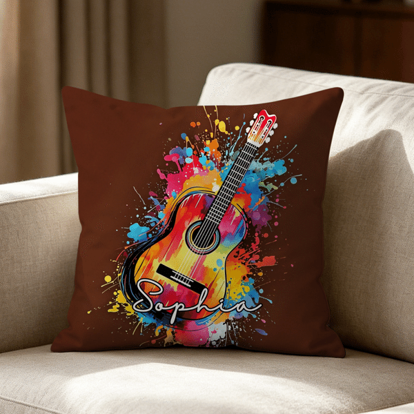 Personalized Ink Splatter Oil Painting Musical Instruments Soft Throw Pillow Cover with Name Music Studio Decor Birthday Gift for Musician Music Lover