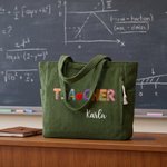 Personalized Cartoon Apple Teacher Name Large Capacity Corduroy Tote Bag with Zipper Daily Use Work Essential Birthday Teacher's Day Gift for Teacher