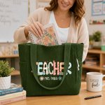 Personalised Flower Teacher Text Large Capacity Corduroy Tote Bag with Zipper Daily Use Work Essential Birthday Teacher's Day Gift for Teacher