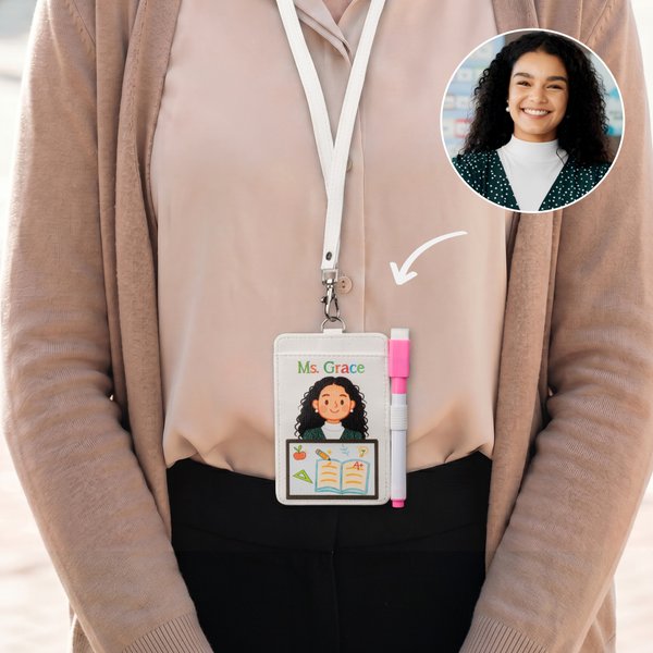 Personalised Cartoon Photo Pencil Notebook Teacher ID Card Badge Buddy with Name and Badge Reel Teacher's Day Back to School Gift for Teacher