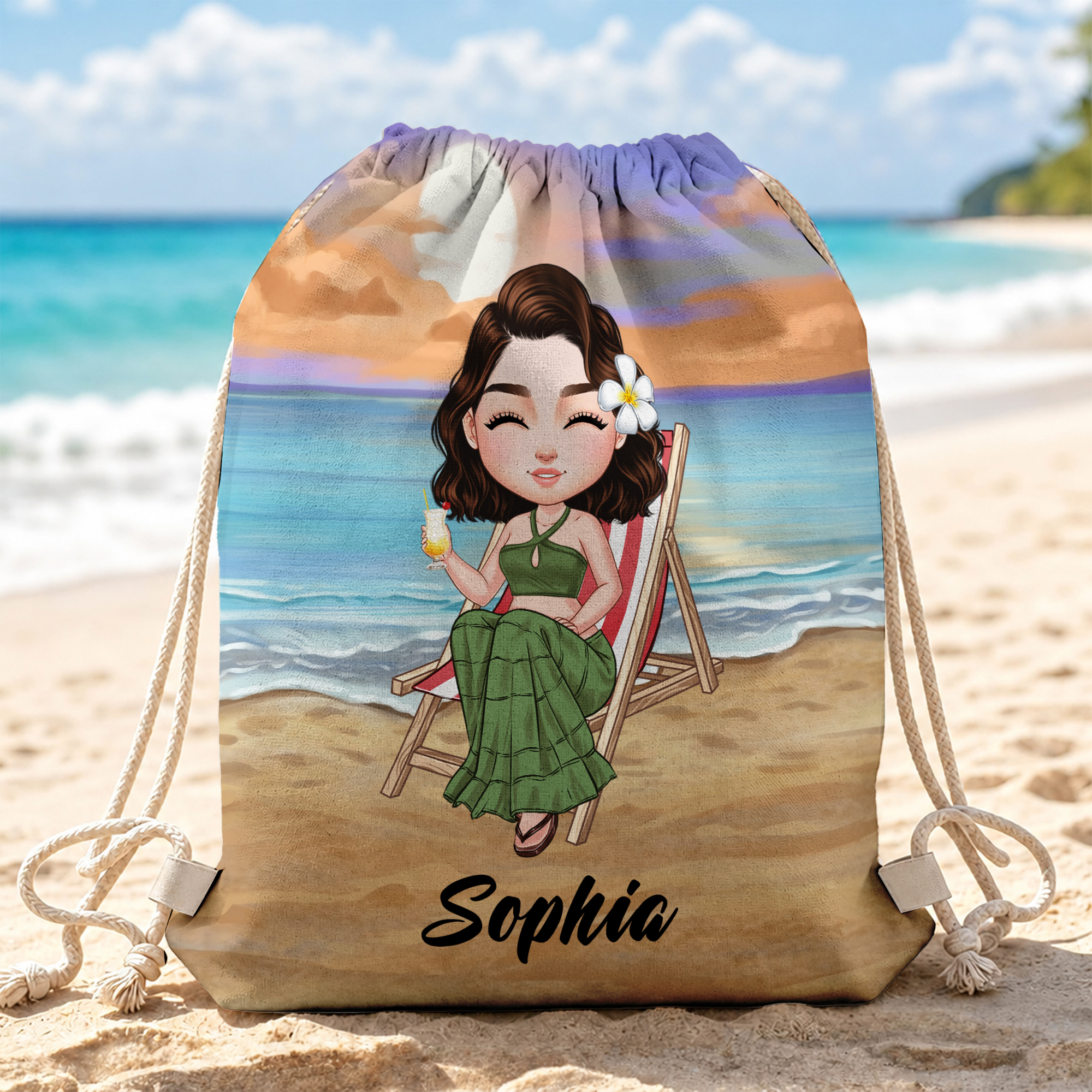 Individuell gestalteter Rucksack mit Cartoon-Figuren zum Thema Urlaub und Strand, mit Namen – Strandparty-Geburtstagsgeschenk für Kinder und Erwachsene