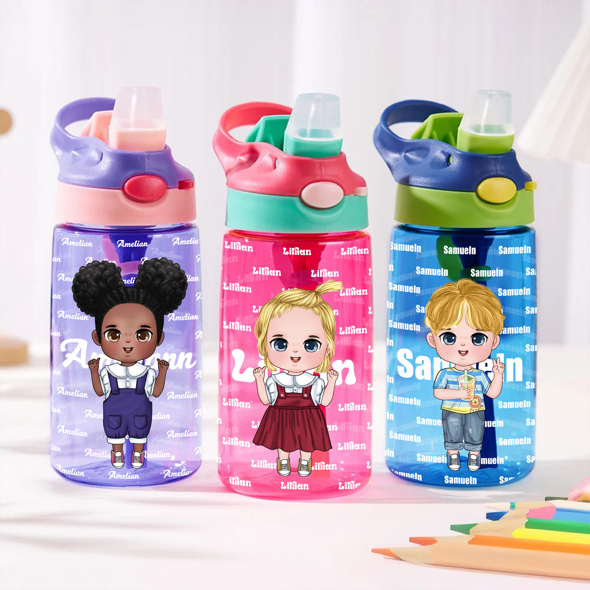 Personalisierte, niedliche Cartoon-Trinkflasche für Kinder (16 oz) in Lebensmittelqualität mit Henkel und Strohhalm – Schulanfangs- und Geburtstagsgeschenk für Schüler und Schülerinnen