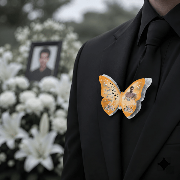 Personalized Photo Glitter Butterfly Flower Brooch Pin with Name and Time Memorial Sympathy Gift for Family Friends