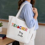 Personalized Cartoon Apple Teacher Name Large Capacity Corduroy Tote Bag with Zipper Daily Use Work Essential Birthday Teacher's Day Gift for Teacher