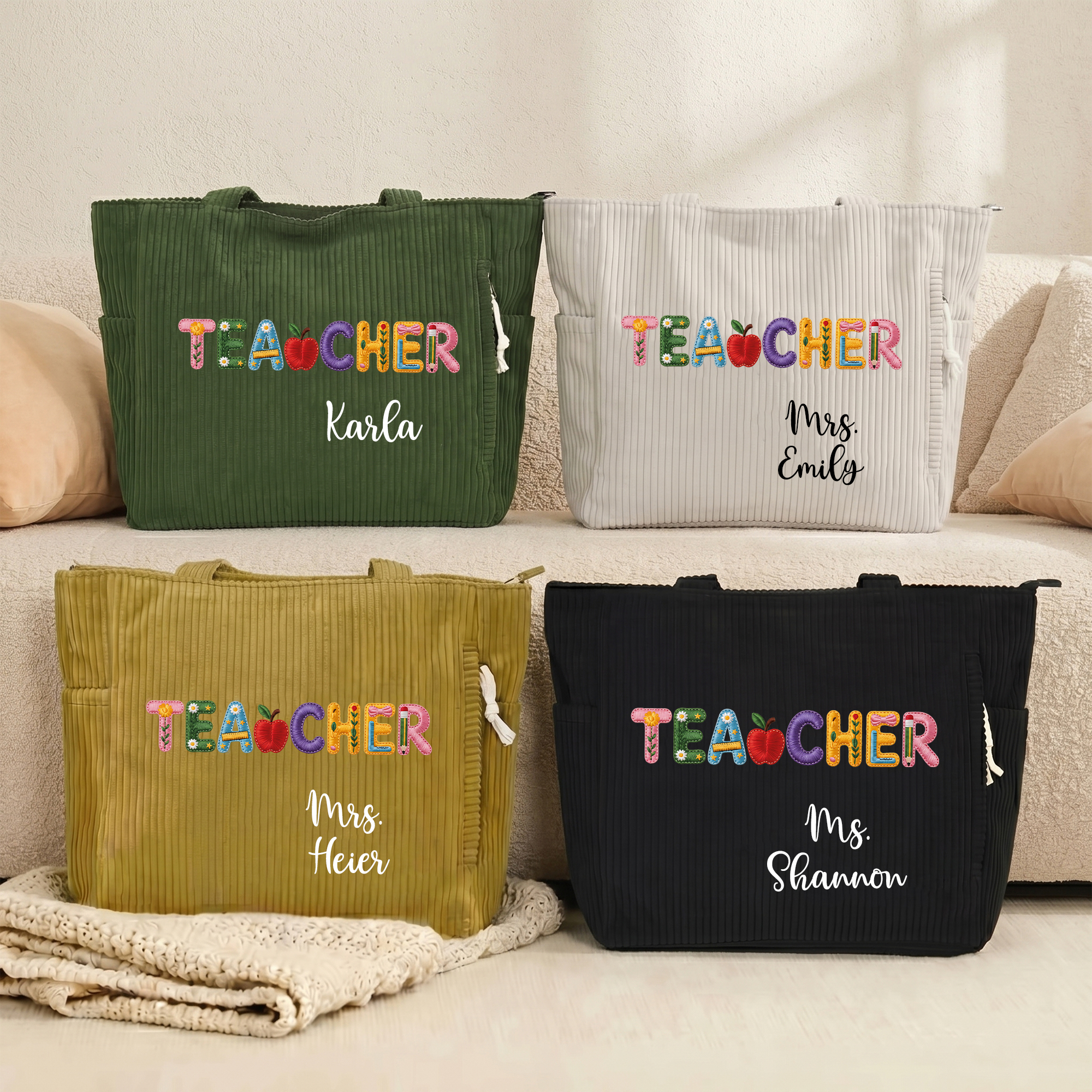 Personalisierte Cartoon-Apfel-Lehrerin-Namens-Tragetasche aus Cord mit großem Fassungsvermögen und Reißverschluss – unverzichtbar für den Alltag und die Arbeit – ideales Geburtstags- oder Lehrertagsge