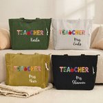 Personalized Cartoon Apple Teacher Name Large Capacity Corduroy Tote Bag with Zipper Daily Use Work Essential Birthday Teacher's Day Gift for Teacher