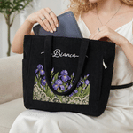 Personalized Lace Patchwork Style Birth Flower Large Capacity Corduroy Tote Bag with Name Daily Use Travel Birthday Gift for Woman