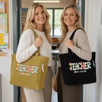 Personalised Flower Teacher Text Large Capacity Corduroy Tote Bag with Zipper Daily Use Work Essential Birthday Teacher's Day Gift for Teacher