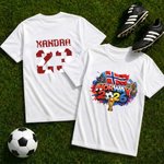 Personlig T-skjorte i 100 % bomull med navn og nummer og fargerikt blekksprutmønster fra VM i fotball - en VM-gave til fotballfans