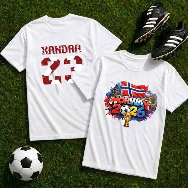Personlig T-skjorte i 100 % bomull med navn og nummer og fargerikt blekksprutmønster fra VM i fotball - en VM-gave til fotballfans