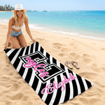 Personalized Black Pink Stripes Oversized Quick Dry Beach Towel with Name and Initial Summer Vacation Accessory Game Day Team Gift for Cheerleader