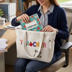 Personalized Cartoon Apple Teacher Name Large Capacity Corduroy Tote Bag with Zipper Daily Use Work Essential Birthday Teacher's Day Gift for Teacher