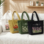 Personalized Lace Patchwork Style Birth Flower Large Capacity Corduroy Tote Bag with Name Daily Use Travel Birthday Gift for Woman