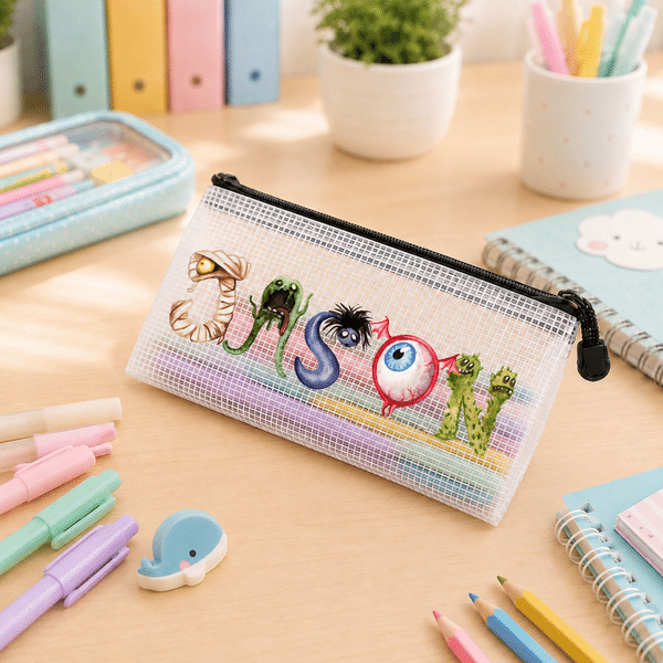 Personalised Monster or Mermaid Design Name Waterproof Mesh Pencil Pouch with Zipper School Supplies Back to School Gift for Kids