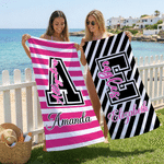 Personalized Black Pink Stripes Oversized Quick Dry Beach Towel with Name and Initial Summer Vacation Accessory Game Day Team Gift for Cheerleader
