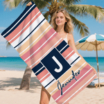 Personalised Retro Stripes Quick Dry Oversized Beach Towel with Initial Name and Drawstring Bag Beach Party Birthday Gift for Female Girl