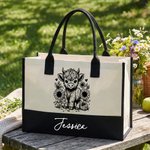 Personalized Highland Cow Sunflower Canvas Tote Bag Linen Makeup Bag with Name Birthday Mother's Day Gift for Highland Cow Lovers