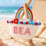 Personalized Cute Flower Cotton Rope Kids Beach Bag with Rainbow Style Handle and Name Summer Vacation Beach Party Birthday Gift for Kids Best Friends