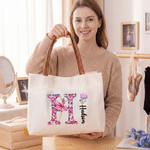Personalised Floral Ballerina Initial Birth Flower Large Capacity Canvas Tote Bag with Name Birthday Anniversary Gift for Ballet Lovers Girlfriends