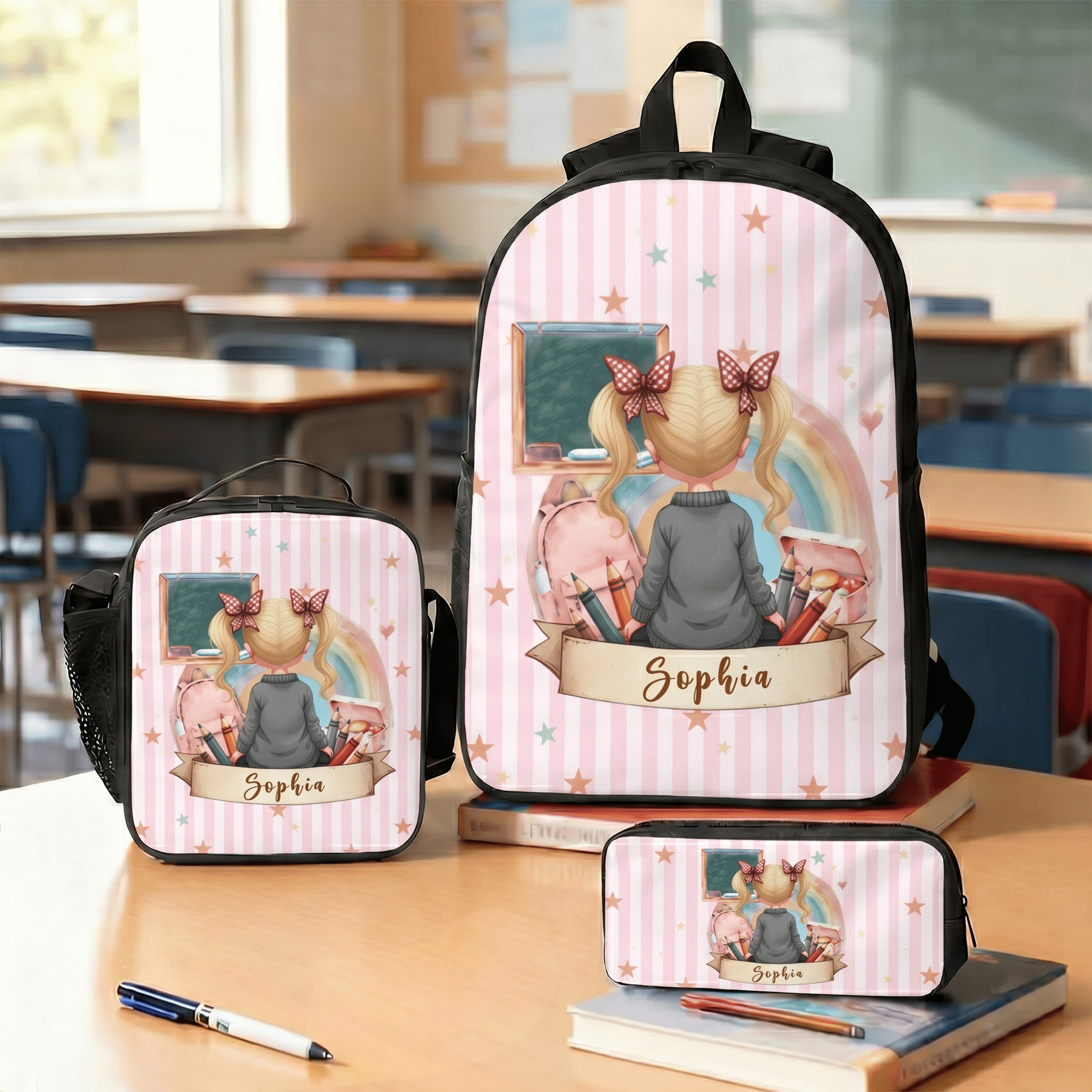 Individuell gestaltetes Set aus Rucksack, Lunchbag und Federmäppchen mit Cartoon-Figuren (Rückansicht) und Namensaufdruck – für den täglichen Gebrauch, als Geschenk zum Schulanfang für Mädchen und Jun