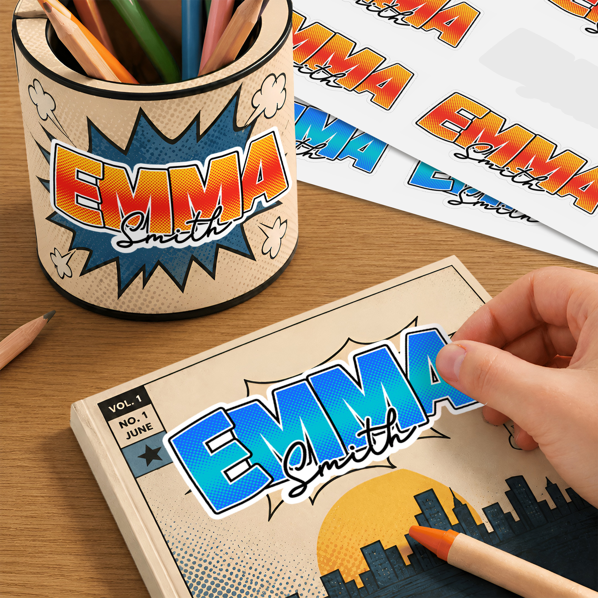 Individuell gestaltete, mehrfarbige, wasserfeste Aufkleber im Comic-Stil mit Namen – als Geschenk zum Schulanfang oder Geburtstag für Schüler und Kinder