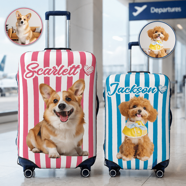 Personalized Striped Pet Photo Luggage Cover Fits 18-32 Inches Suitcase with Name Travel Accessories Birthday Gift for Pet Lovers