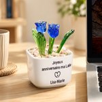 Personalised Colourful Glass Tulips Potted Plant with Text and Name Desk Decor Birthday Appreciation Gift for Mother Woman