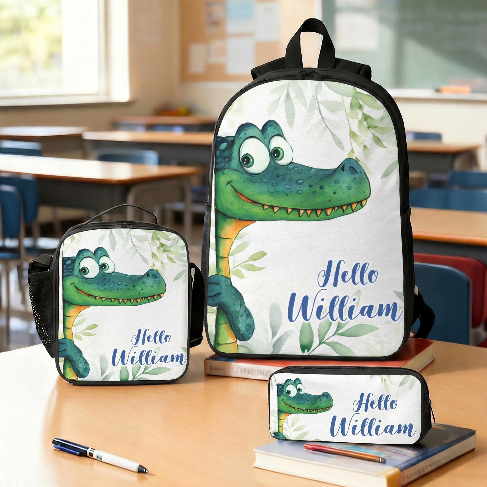 Personalisiertes, niedliches Tier-Set: „Say Hello“ – mehrfarbiges Set aus Rucksack, Brotdose und Federmäppchen mit Namensaufdruck – Schulanfangs- und Geburtstagsgeschenk für Schüler