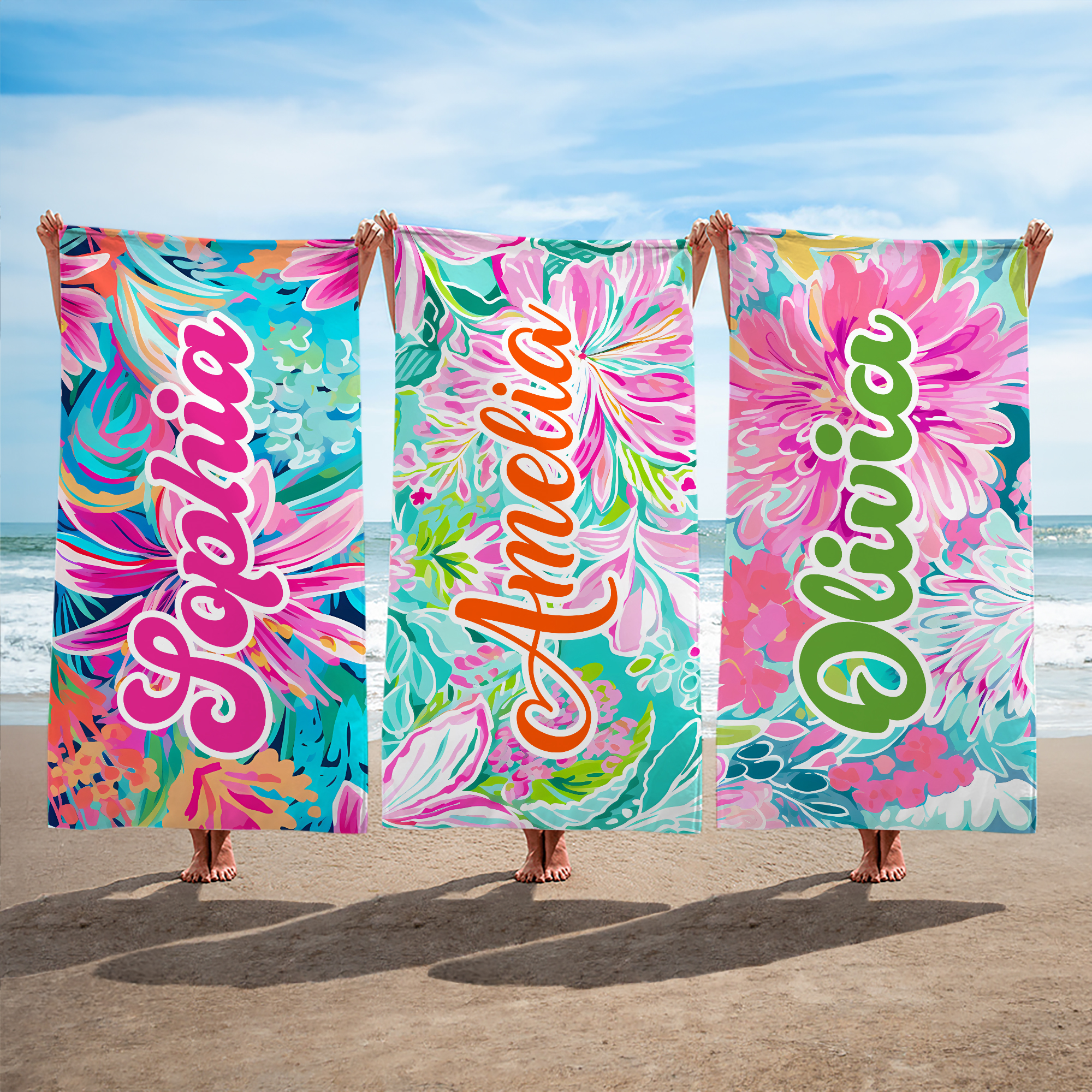 Personalisiertes buntes Blumen-Strandtuch mit Namen | mit Magneten | übergroß | schnelltrocknend | Sommerurlaub Pool Geburtstag Geschenk für Frauen
