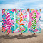 Personlig, färgglad strandhandduk med blommönster, snabbtorkande, i stor storlek och med magnetfäste – med namn – perfekt som present till kvinnor till sommarsemestern, poolfesten eller födelsedagen