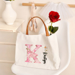 Personalised Floral Ballerina Initial Birth Flower Large Capacity Canvas Tote Bag with Name Birthday Anniversary Gift for Ballet Lovers Girlfriends