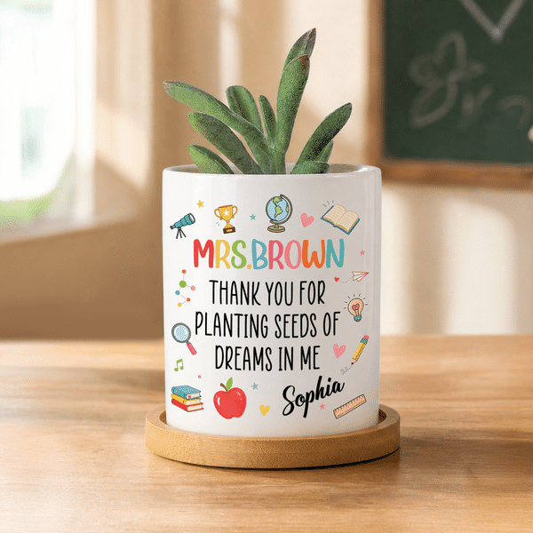 Personalised Teacher Theme Design Name Ceramic Plant Pot with Bamboo Base Daily Use Thank You Gift for Teachers