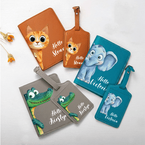 Personalized Cartoon Animal Says Hello PU Leather Passport Holder Luggage Tag Set with Name Travel Accessory Birthday Gift for Kids