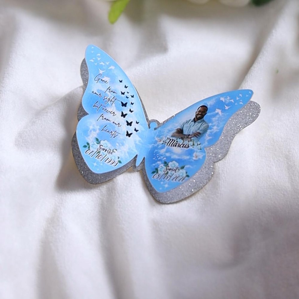 Personalized Photo Glitter Butterfly Flower Double Layer In Loving Memory Brooch Pin with Name and Time Memorial Sympathy Gift for Family Friends 2