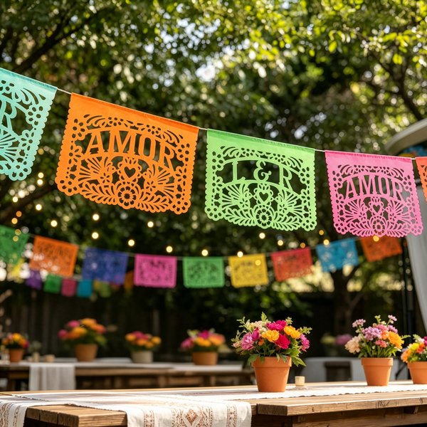 Personligt mexikanskt Fiesta Amor Papel Picado Banner Set med 10 med text Festdekoration Bröllop Födelsedag Cinco De Mayo Present till festplanerare Värdar