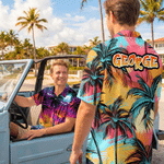 Personalized Multicolor Street Graffiti Style Tropical Coconut Grove Sunset Motif Hawaiian Shirt with Text Beach Party Birthday Gift for Friends