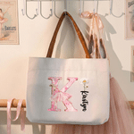 Personalised Floral Ballerina Initial Birth Flower Large Capacity Canvas Tote Bag with Name Birthday Anniversary Gift for Ballet Lovers Girlfriends