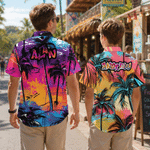Personalized Multicolor Street Graffiti Style Tropical Coconut Grove Sunset Motif Hawaiian Shirt with Text Beach Party Birthday Gift for Friends
