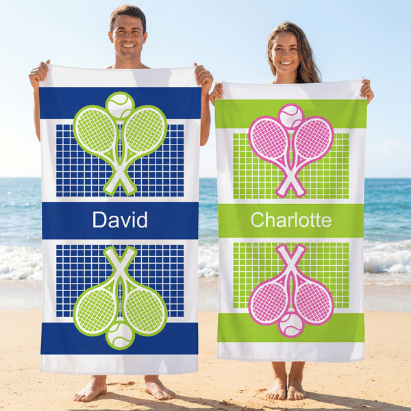 Personalised Multicolour Tennis Racket Ball Sport Towel Beach Towel with Name Summer Vacation Tennis Practice Gift for Tennis Players Lovers