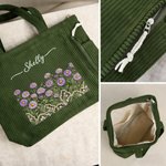 Personalized Lace Patchwork Style Birth Flower Large Capacity Corduroy Tote Bag with Name Daily Use Travel Birthday Gift for Woman
