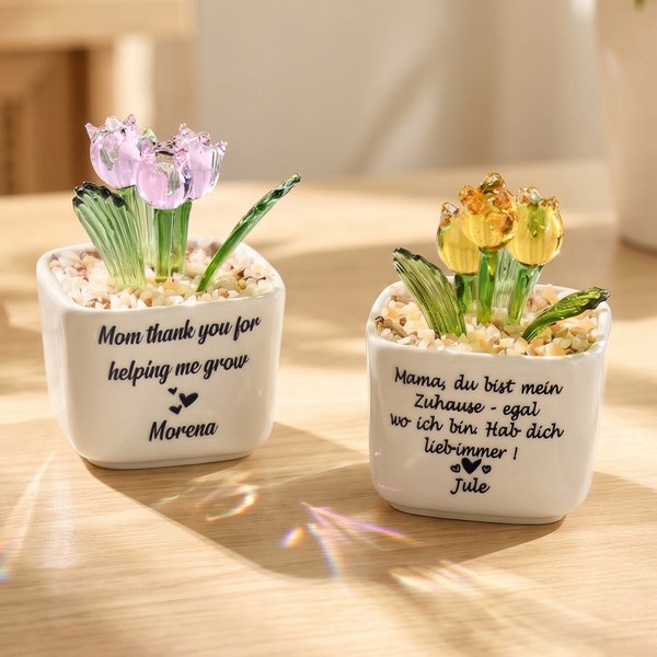 Personalised Colourful Glass Tulips Potted Plant with Text and Name Desk Decor Birthday Appreciation Gift for Mother Woman